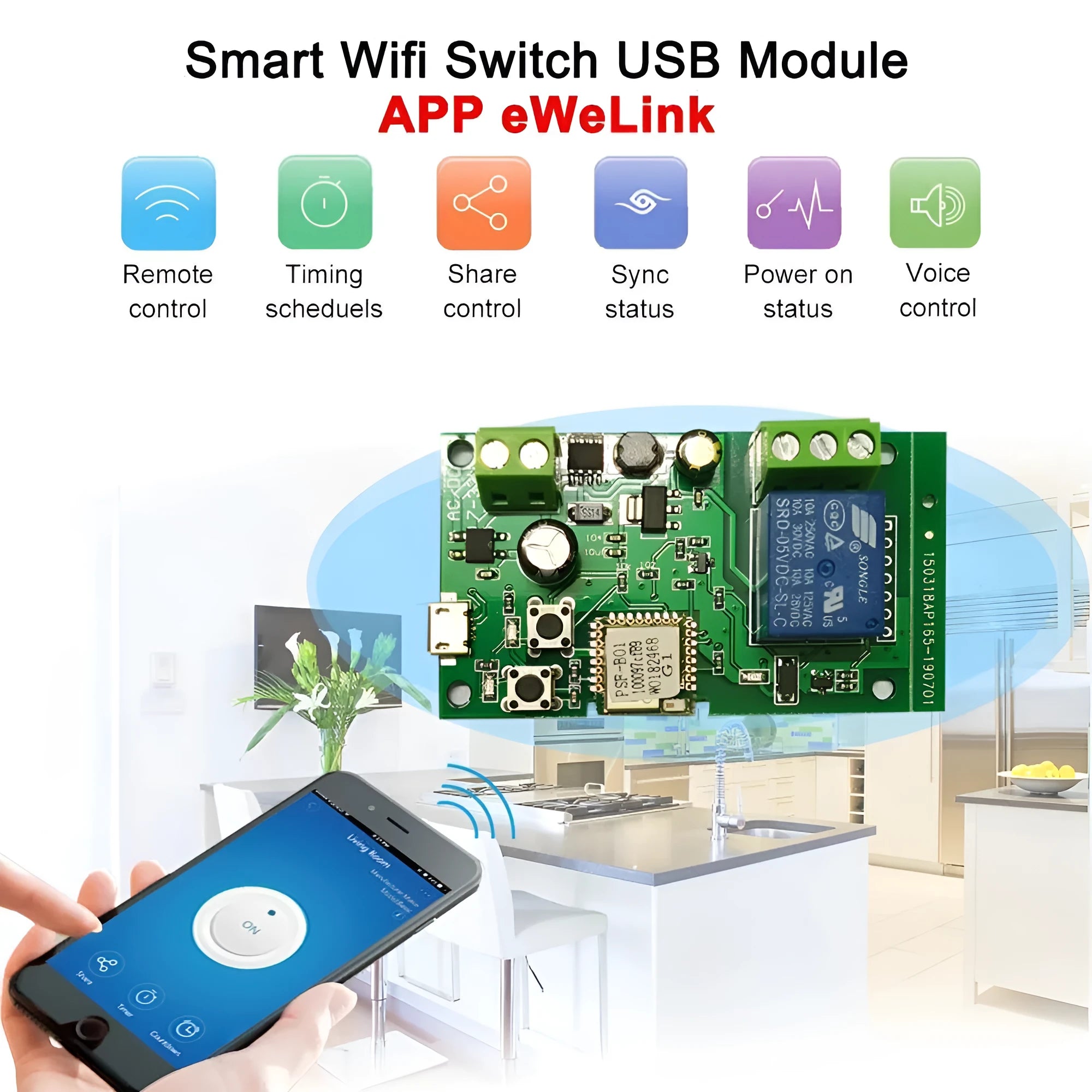SMG-WF01-7-32V one-channel Wi-Fi relay module with USB port and PCB antenna.
