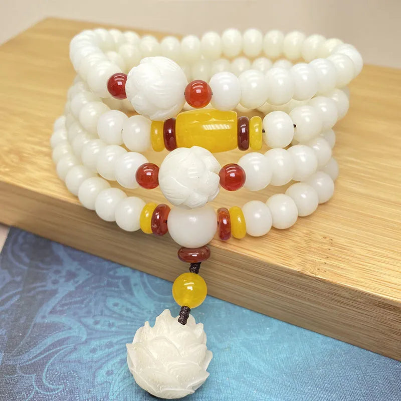 White Jade Bodhi 108-bead mala bracelet shown in three different style variations.