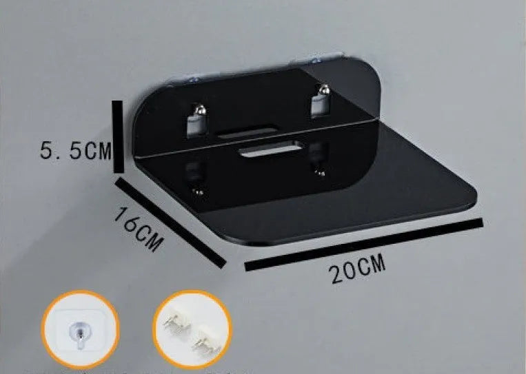 Acrylic right angle camera shelving bracket in black, 13.5x11.5x5.5cm, for no-drill wall mount