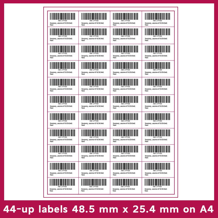 A4 FBA barcode label paper sheets showing ten different grid configurations for inventory labelling