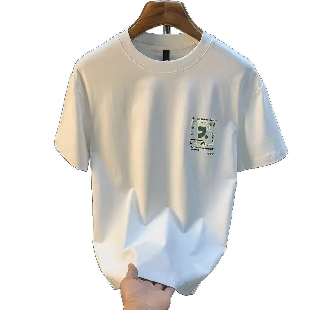 Men's loose half sleeve pullover top with letter pattern, thin milk silk, black or white, sizes S to 5XL