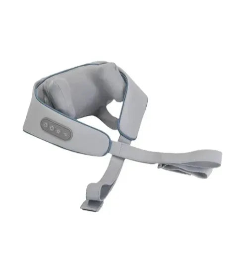 Milky white rechargeable shoulder and neck massager for cervical spine kneading with infrared physiotherapy.