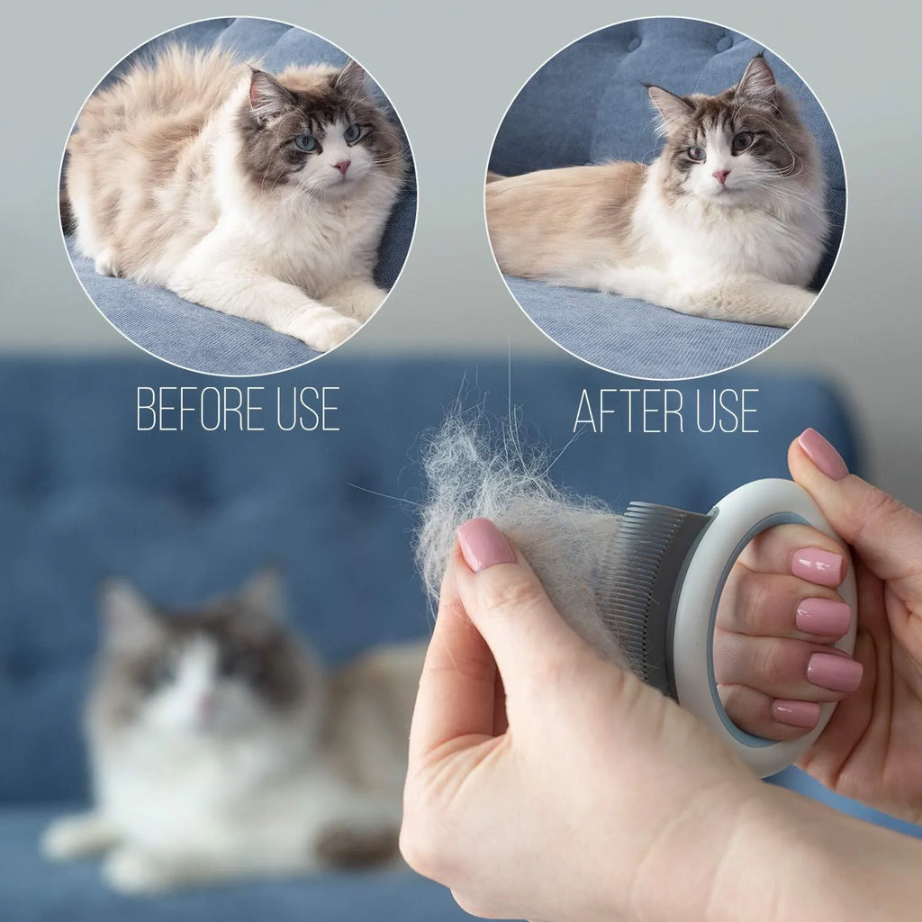 Blue plastic pet grooming comb with ergonomic handle for deshedding cats and dogs.