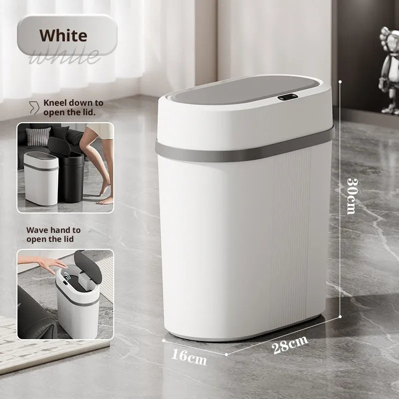 Square PP smart trash can with sealed waterproof lid, black battery type, on kitchen floor
