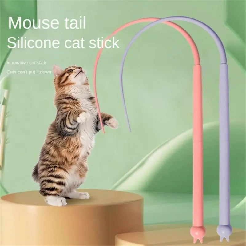 Blue cat toy wand with silicone mouse tail and ABS plastic handle for interactive pet play