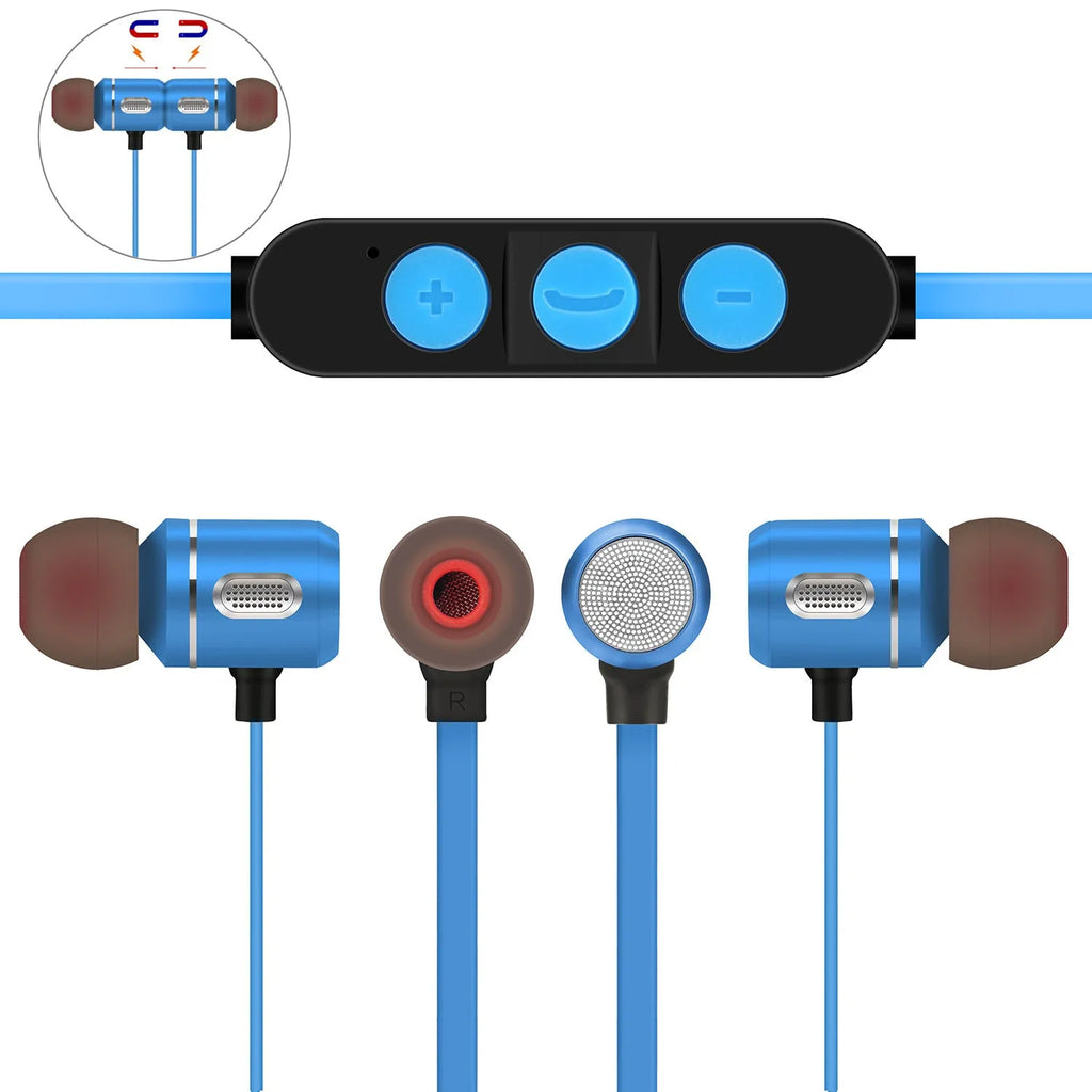 AX-09 Magnetic Sports Bluetooth Headset in blue with charging cable and ear caps