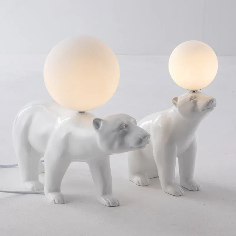 Modern white bear table lamp in sitting posture on a wooden desk, Nordic style, 240mm wide