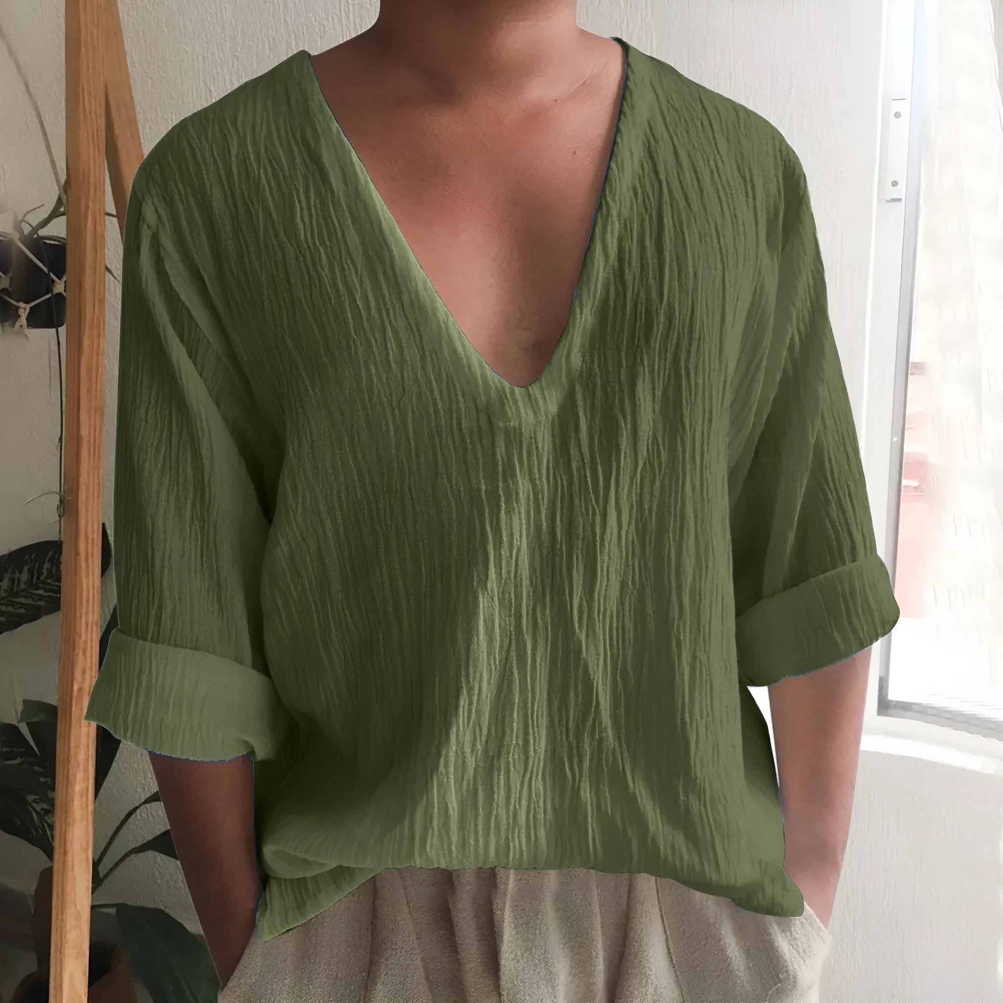 Men's solid colour V-neck long sleeve t-shirt in washed cotton linen blend.