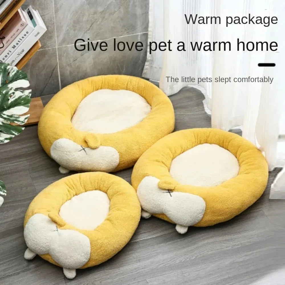 Corgi-shaped soft plush pet bed for dogs and cats, shown in three available sizes.