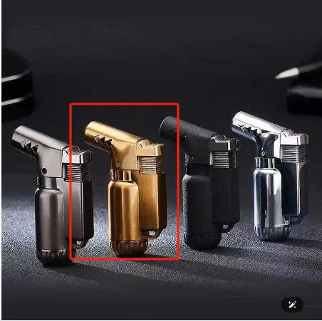 HB805-1 full metal windproof lighter in black, gold, grey, or silver finishes showing compact 72mm design