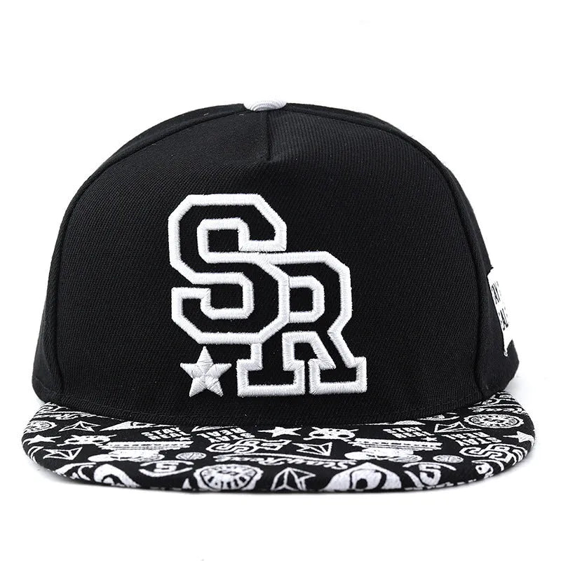 Cotton baseball hat with letter embroidery in SR white colour showing dome crown style