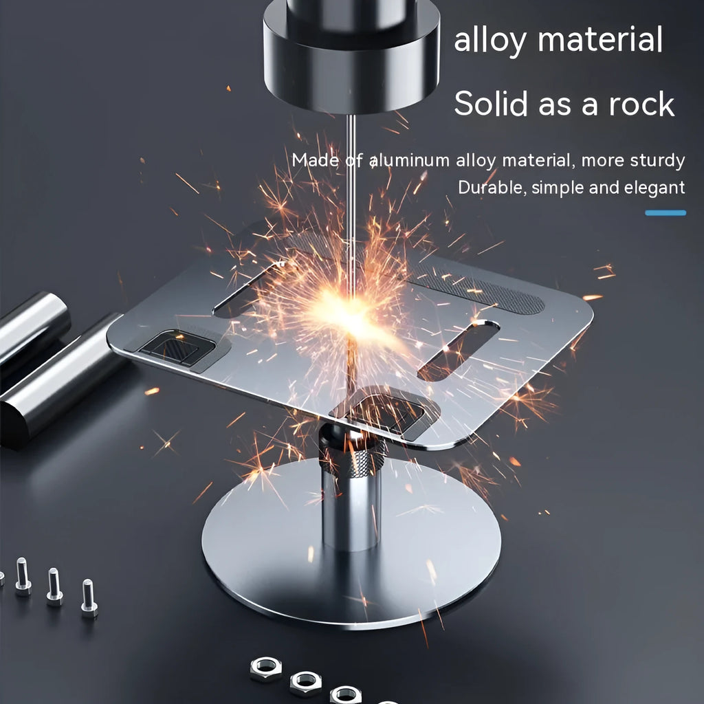 Mobile folding laptop lifting cooling bracket in gray on a desk lifting a silver laptop for airflow