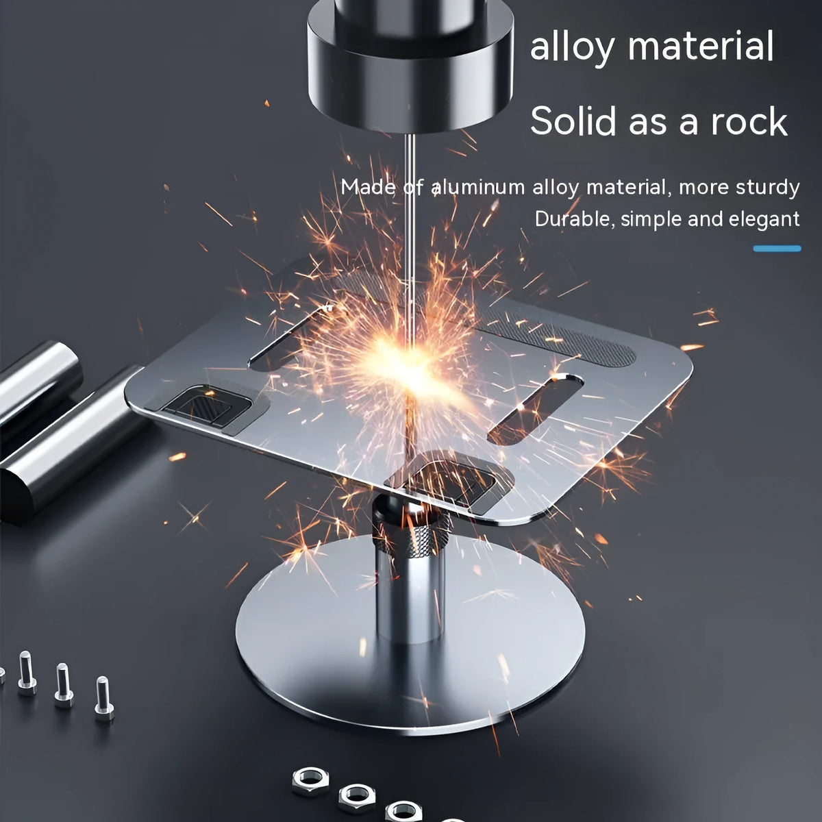 Mobile folding laptop lifting cooling bracket in gray on a desk lifting a silver laptop for airflow