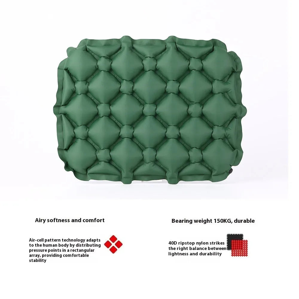 Inflatable camping cushion in 40D nylon TPU, 5x34x44cm, waterproof gasket, shown in six colours.