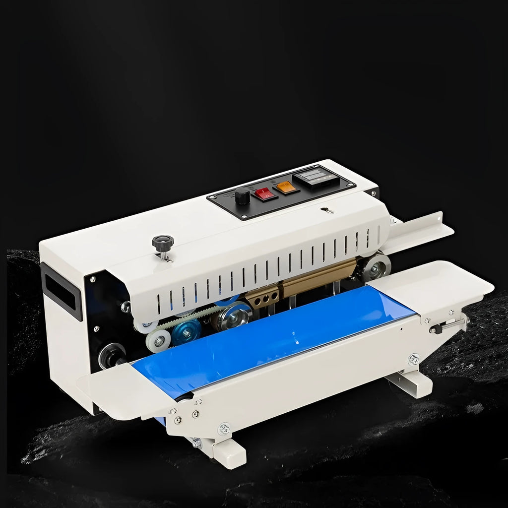 Mini handheld L1 steel seal impulse heat sealer with integrated date stamp for plastic bags.
