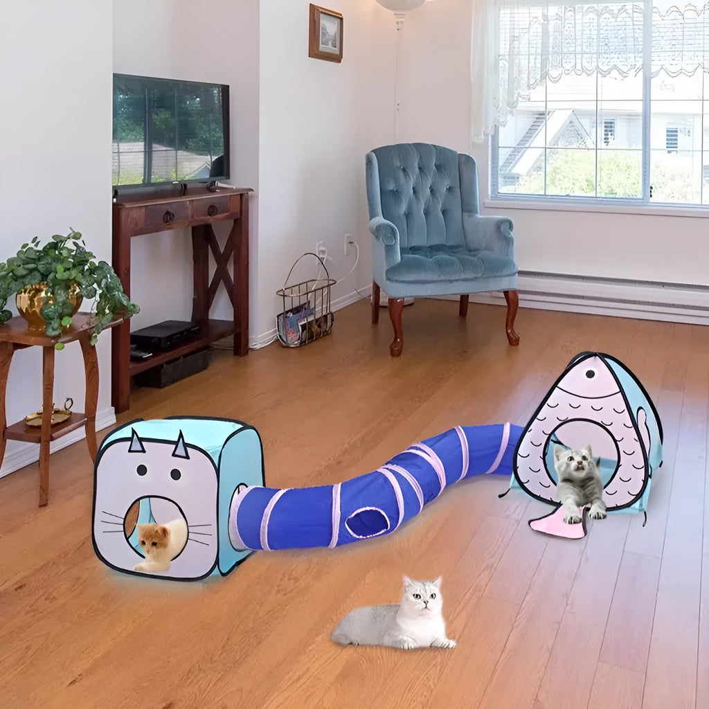 Foldable pet tent and cat tunnel three-piece play set with cat and fish design