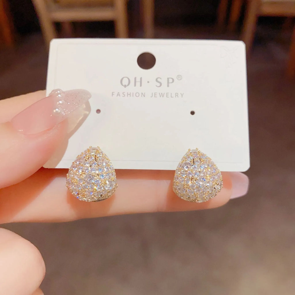 Silver zircon water droplet drop shape earrings for women copper base with thick real gold plating