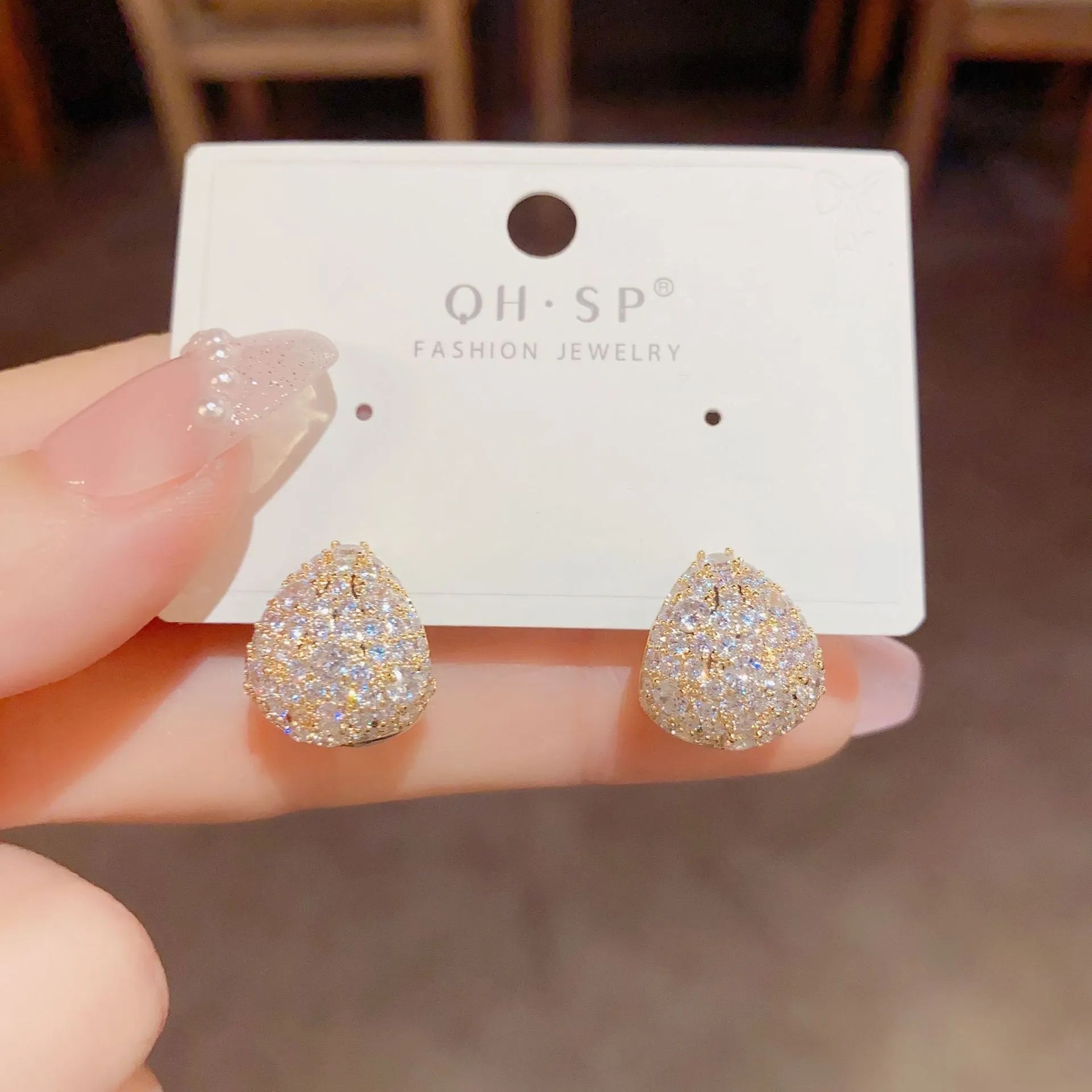 Silver zircon water droplet drop shape earrings for women copper base with thick real gold plating