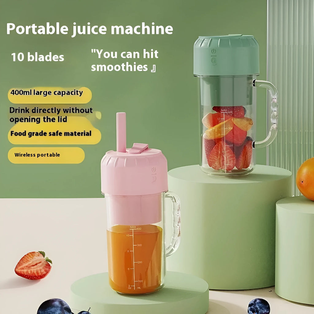 Compact USB-powered portable juicer in avocado green or cherry blossom pink colour.