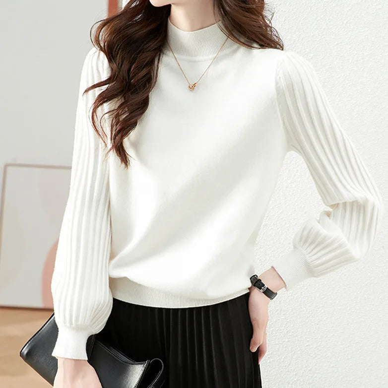 Slim-fit half turtleneck pullover shirt with sunken stripe pattern in apricot colour.