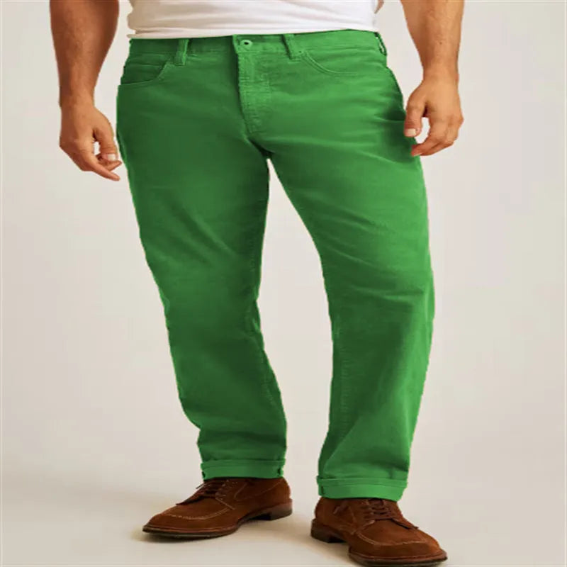 Army green corduroy straight-leg casual trousers laid flat, showing mid-waist and zip fly.