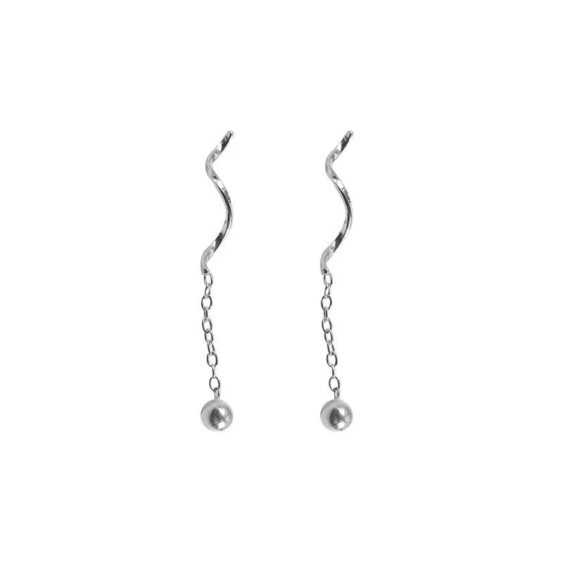 Niche Design S925 silver wavy ball hanging earrings with natural wave shape and round beads