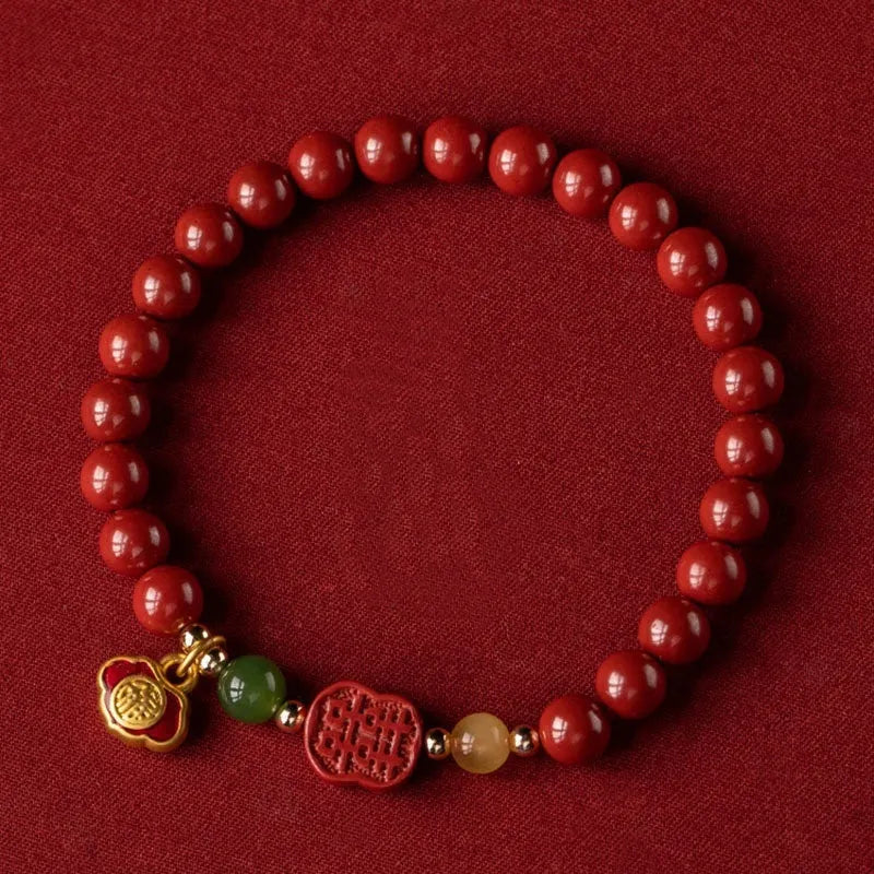 Emperor Sandstone bead bracelet with Fu character charm in New Chinese style.