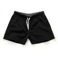 Men's straight-leg polyester beach shorts in multiple colours on a size chart showing S to 4XL.