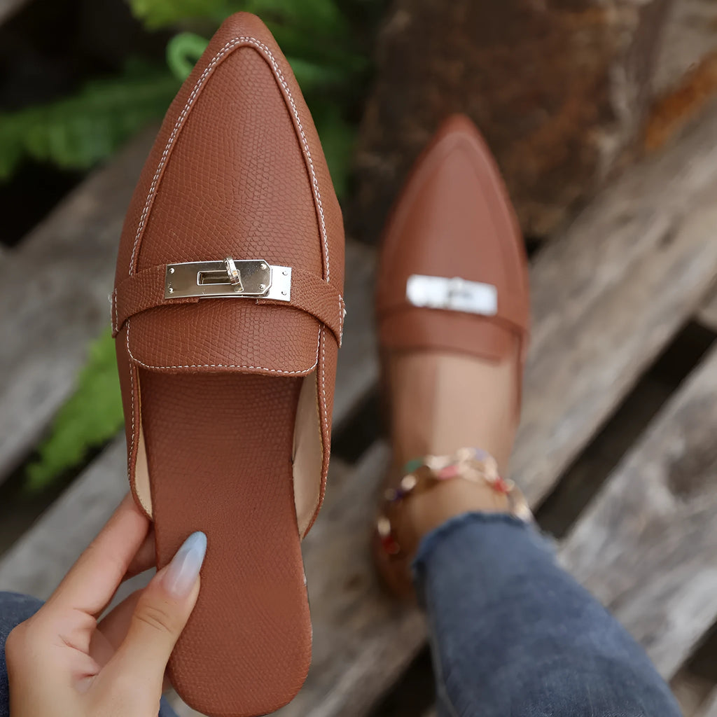 Light brown women's pointed-toe low heel casual slippers with PU upper and rubber sole.