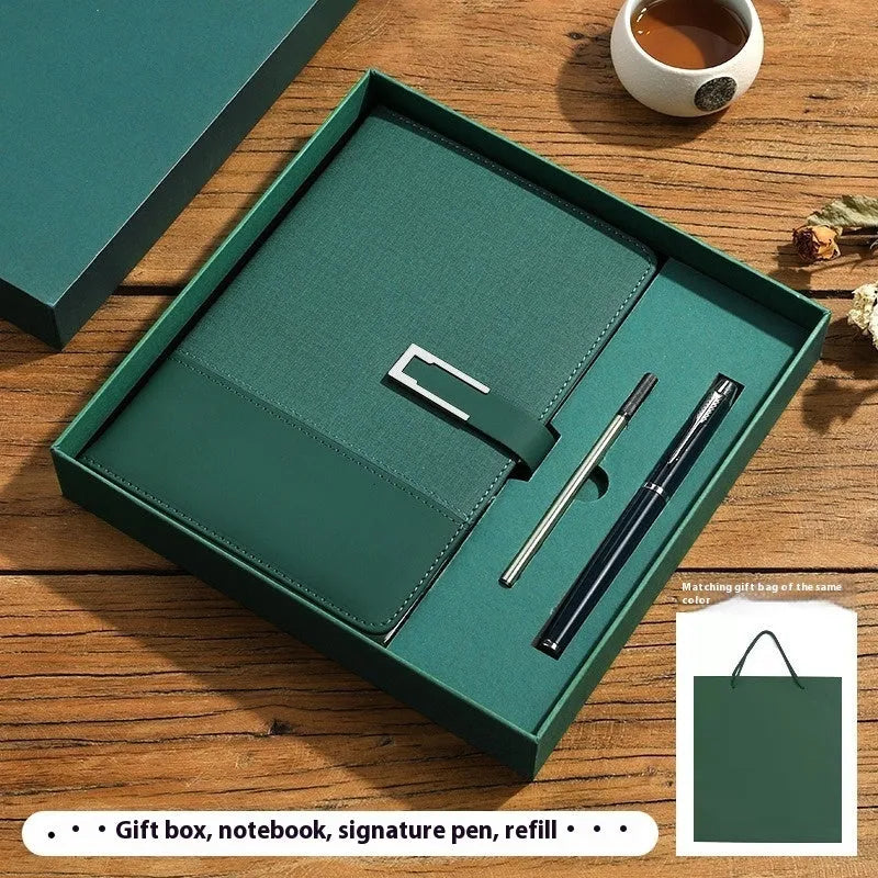 A5 leather notebook in choice of colours with gift box, open to show wood-free paper.