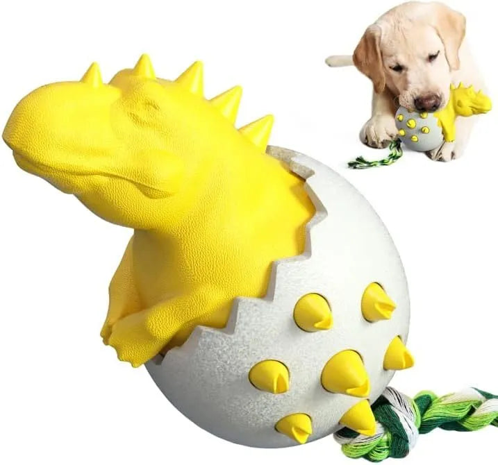 Dinosaur design blue rubber dog chew toy with rope for aggressive chewers