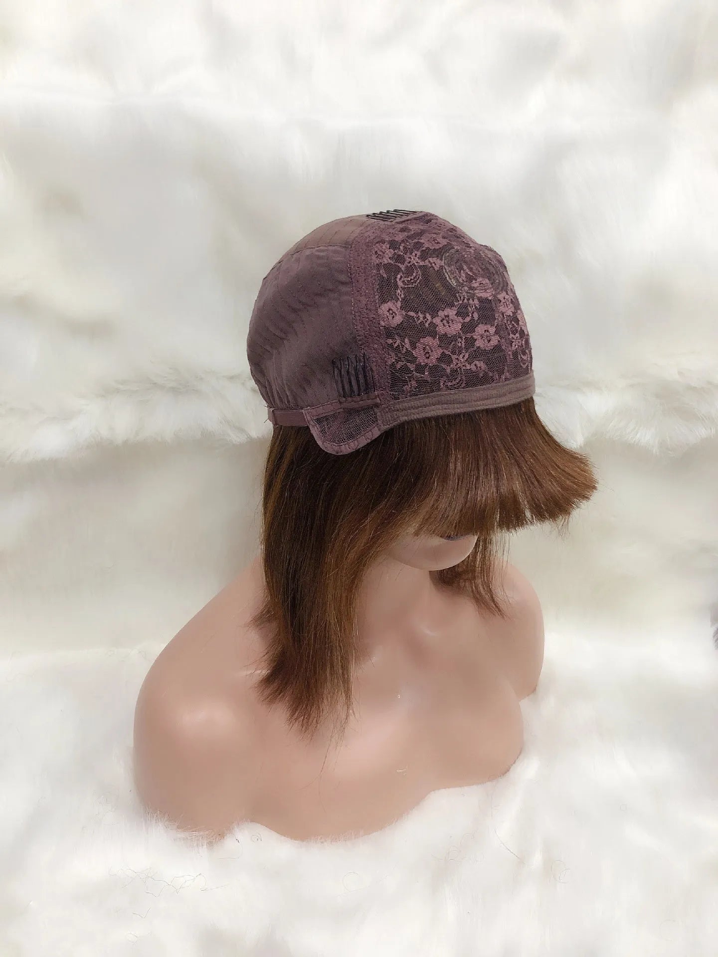 Full Mechanic 4 27 Bob human hair wig in brown with straight bangs and medium length