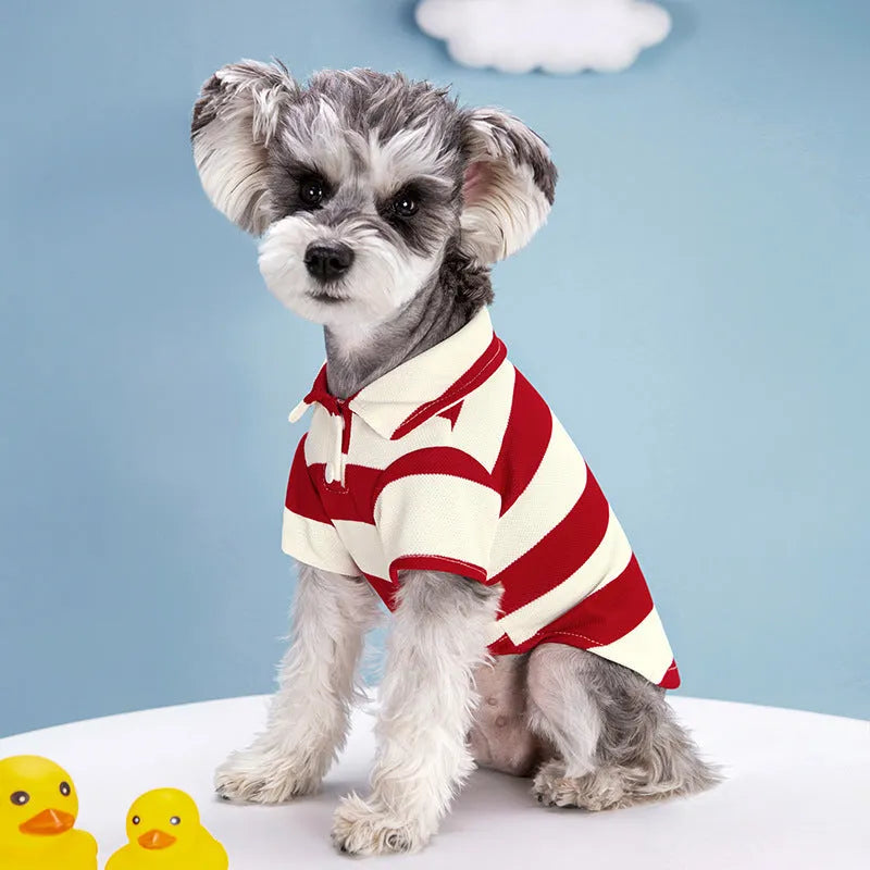 Striped dog polo shirt with beaded lapel and elastic fit, polyester pet vest in pink, green, red, or blue stripes