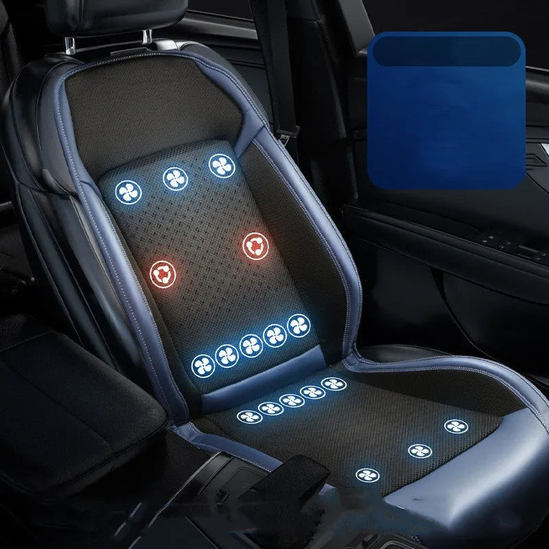 Car cooling seat cushion with ventilation fan in black colour on driver's seat with 12V power connection