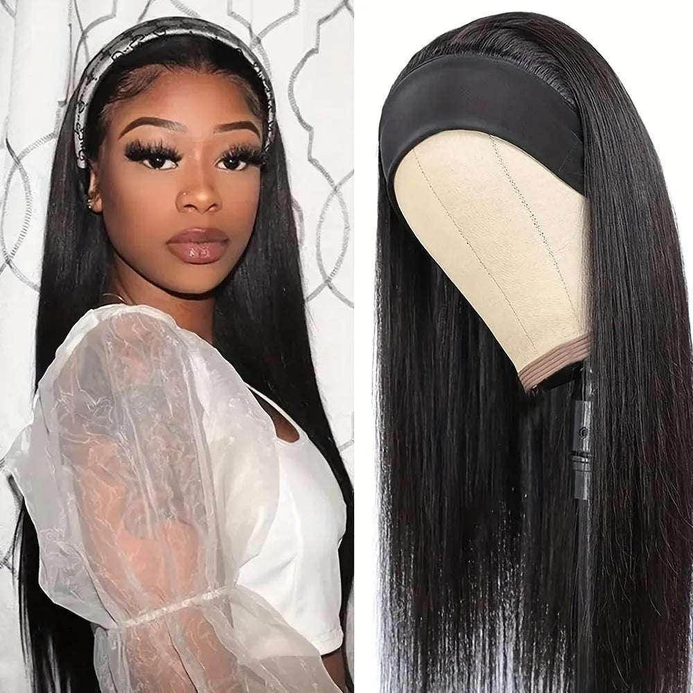 Headband wig in black straight, black curly, and wine red high temperature fibre options