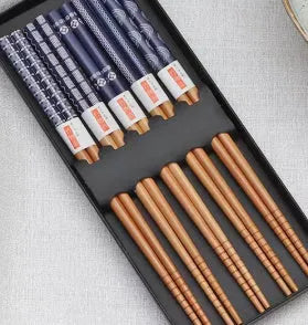 Five pairs of bamboo chopsticks with Japanese cartoon patterns in lucky cat or pond blue designs
