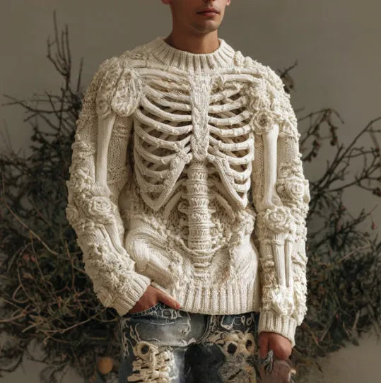 Beige 3D digital print thick needle round neck pullover polyester sweater on model