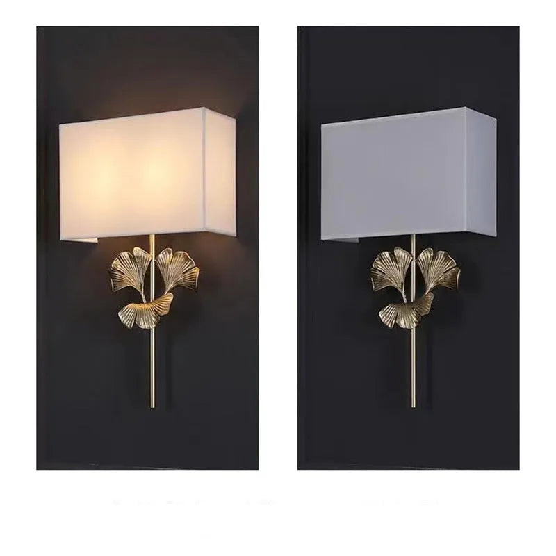 American-style all-copper ginkgo leaf wall lamp with white shade, brass finish, 530x300x120mm