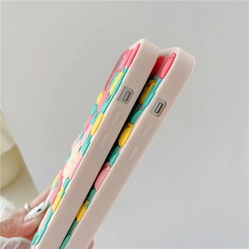 Creative cartoon bear tulip flowers pink silicone phone case with pendant for Apple iPhone