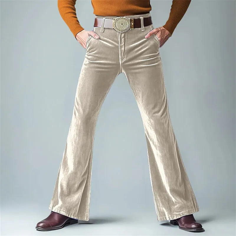 Men's gold velvet slim flared suit pants in black colour for formal banquet wear