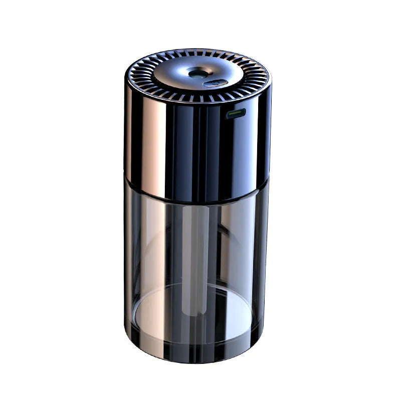 Glass AI spray perfume humidifier on a surface with USB cable, showing classic ocean fragrance option.