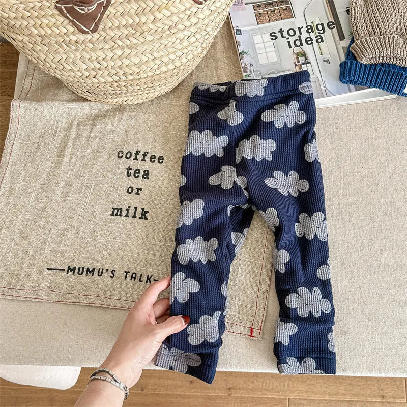 Girls winter leggings in khaki or blue, fleece-lined cotton, high waist, sizes 80cm to 130cm