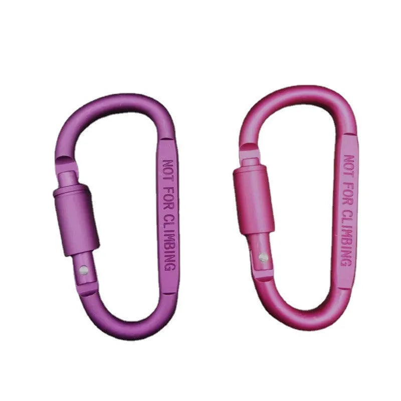 Aluminium D-type carabiner with lock in multiple colour options showing 8cm flat design