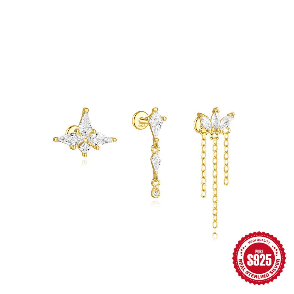 S925 sterling silver geometric kite-shaped earrings with sparkling rhinestone chain tassels in a gold colour.