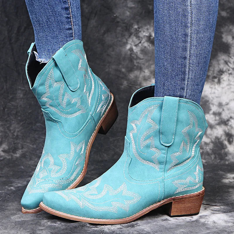 Women's blue Western cowgirl boots with embroidery details and low wedge heel