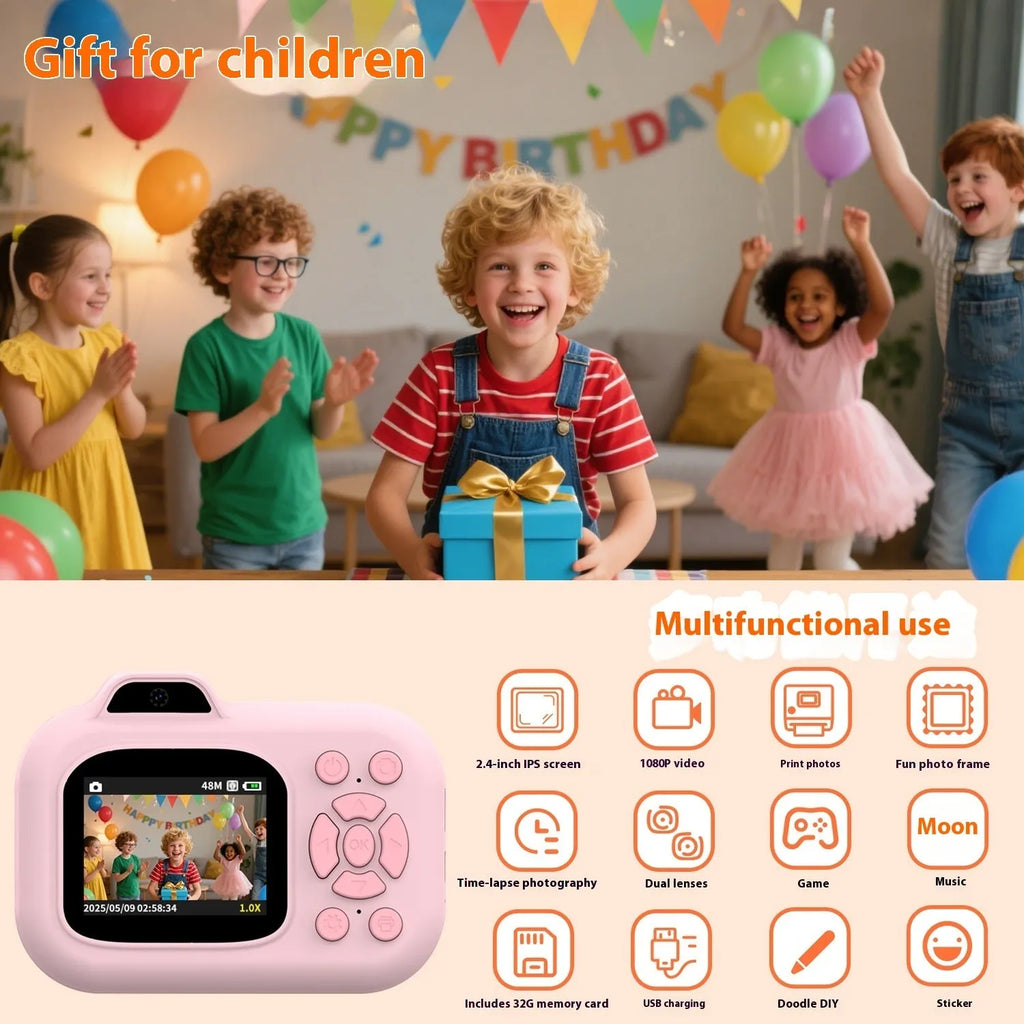 Children's camera toy in pink blue or purple colours with video recording photography and game functions