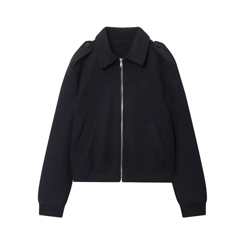 Women's navy blue PU coat with turn-down collar, zip front, long sleeves, 50cm length, sizes XS to L.