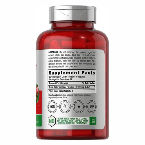 Bottle of 150 apple cider vinegar capsules with Japanese dietary fibre dietary supplement