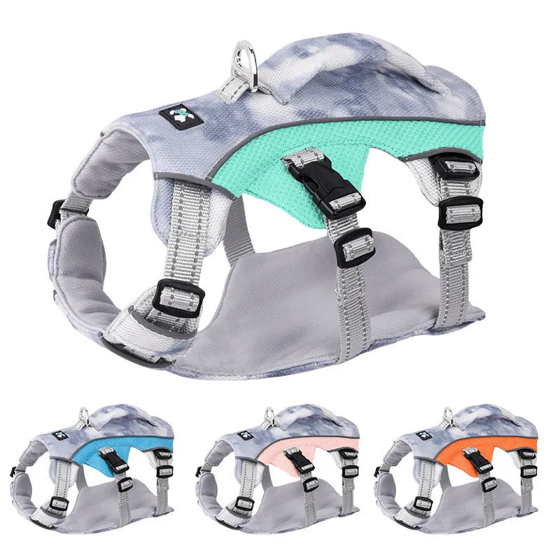 Reflective dog cooling chest strap harness in light blue on a dog.