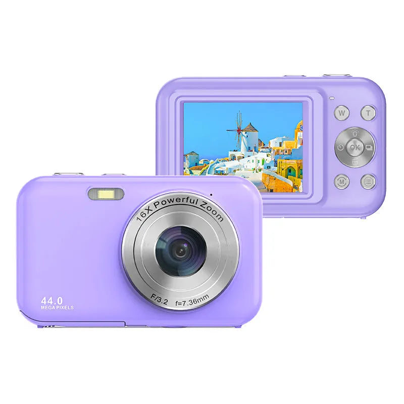 Colourful children's digital camera with 2.4-inch screen, shown in pink, for 44MP photos and 1080p video.